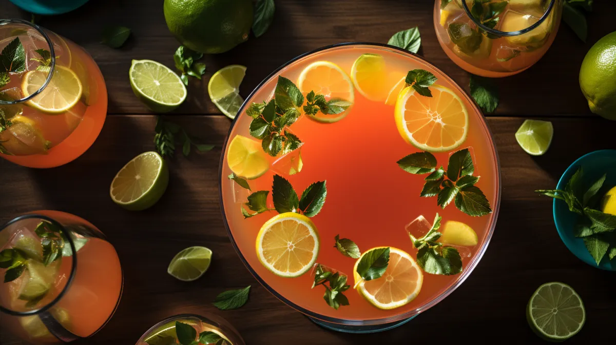 Punch pour 40 personnes servi dans un grand saladier avec fruits tropicaux