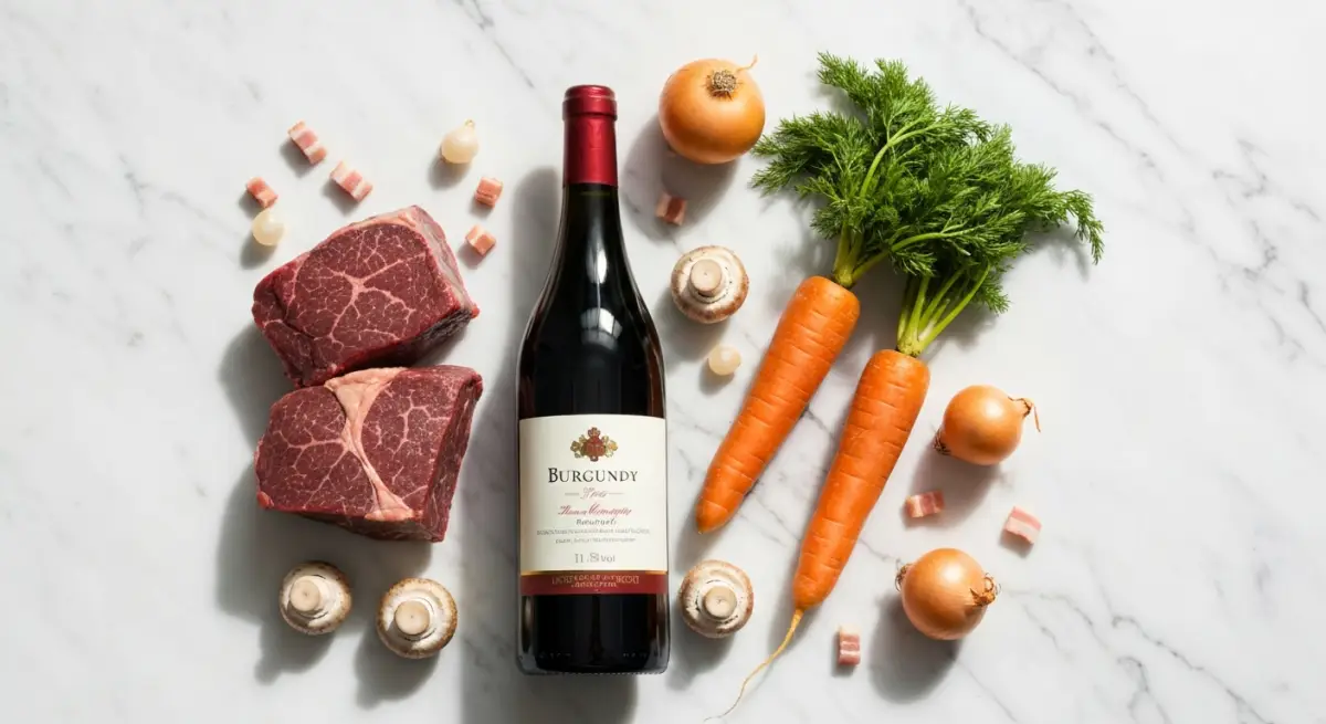 Ingredients du boeuf bourguignon : viande, vin rouge, legumes