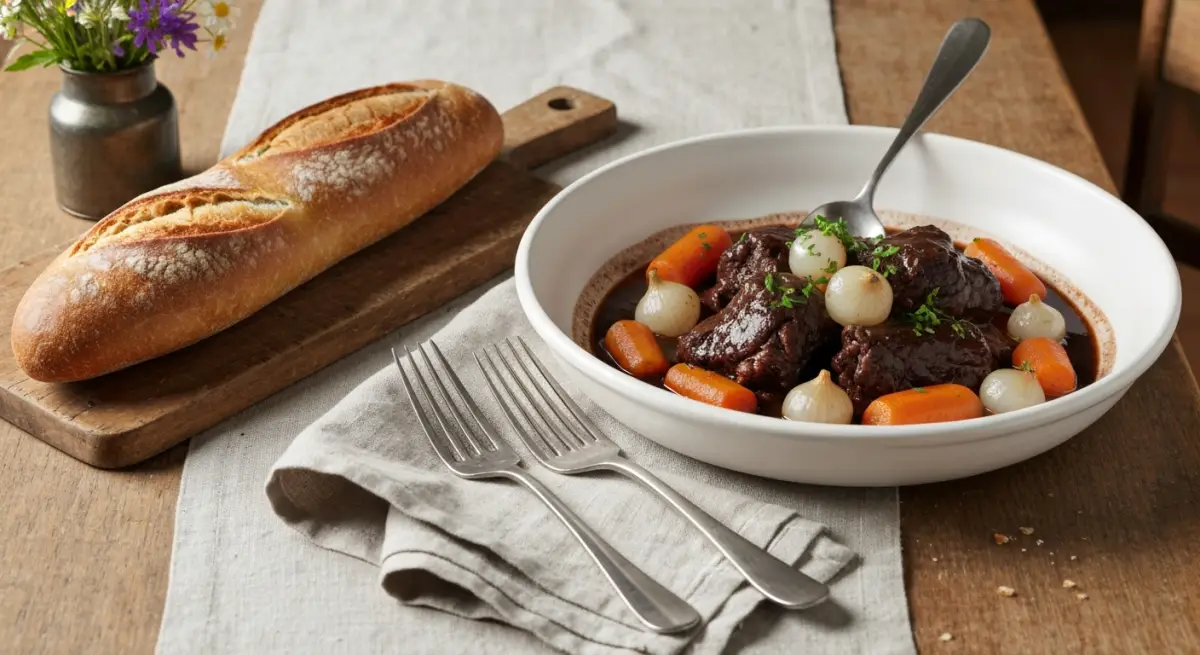 Boeuf bourguignon servi en cocotte avec pain croustillant