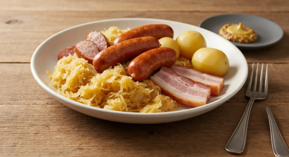 Choucroute garnie alsacienne avec saucisses et pommes de terre