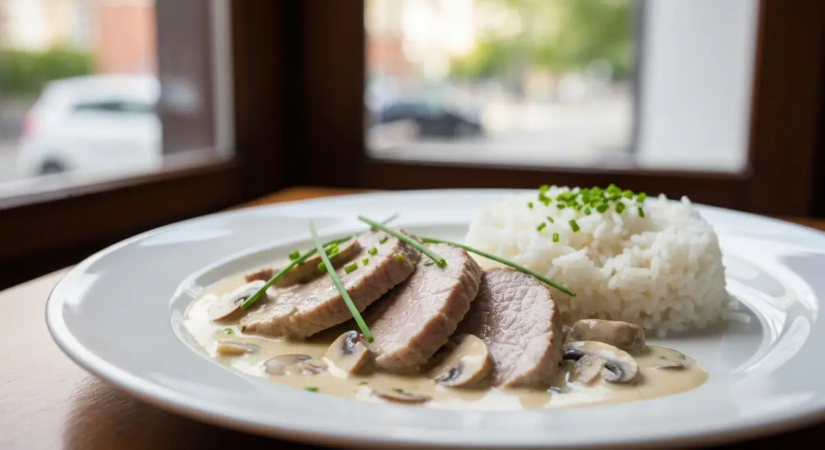 Emince de porc a la creme servi avec riz blanc