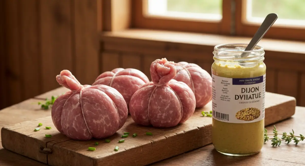 Paupiettes de porc crues ficeles sur planche a decouper