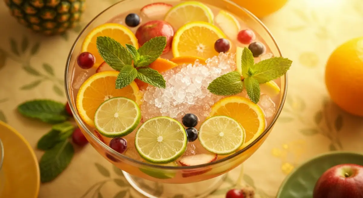 Punch tropical servi dans un saladier en verre avec fruits frais